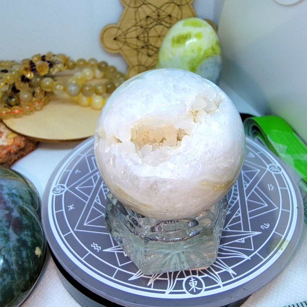 Moss Agate Crystal Sphere with Druzy Pocket – Stand Not Included